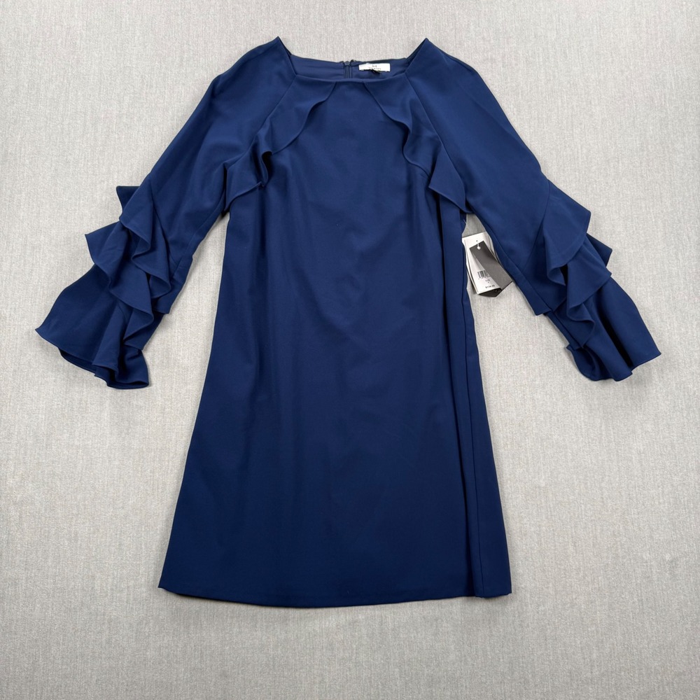 Halston Navy Blue Ruffle Tiered Sleeve Shift‎ Dress XCP152893 Womens Size 4 NEW